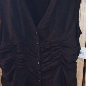 black Top vest L  button front V-Neck top with ruched waist